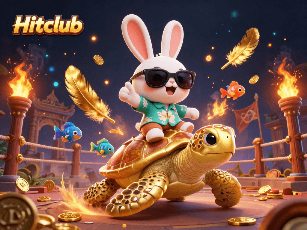 Experience thrilling action at Hitclub with a lucky rabbit on a golden turtle amidst vibrant casino elements.