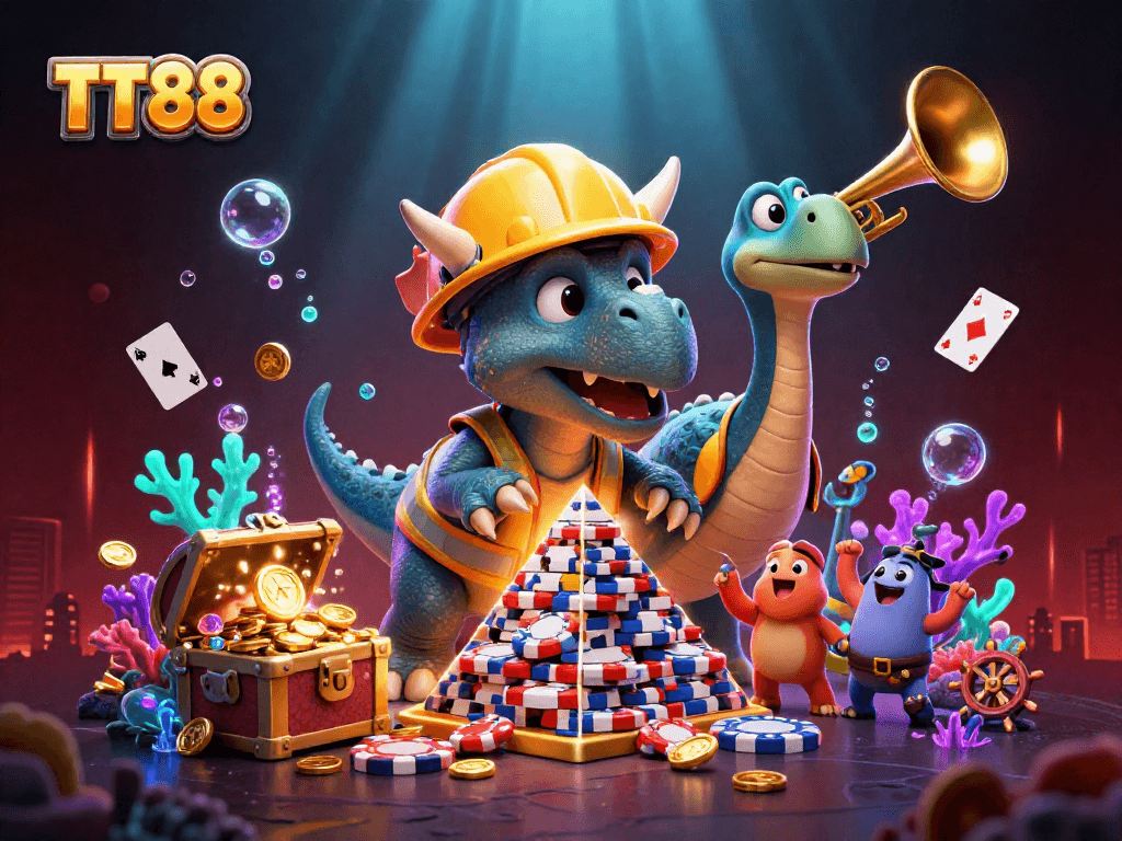 TT88 features a lively celebration with a cartoon triceratops building poker chips amidst an engaging casino theme.