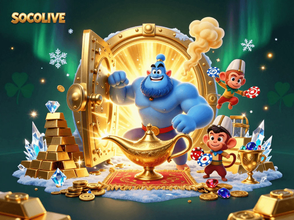 SOCOLIVE showcases a fantasy scene with a genie and monkey atop a magic carpet, surrounded by enchanting treasures.