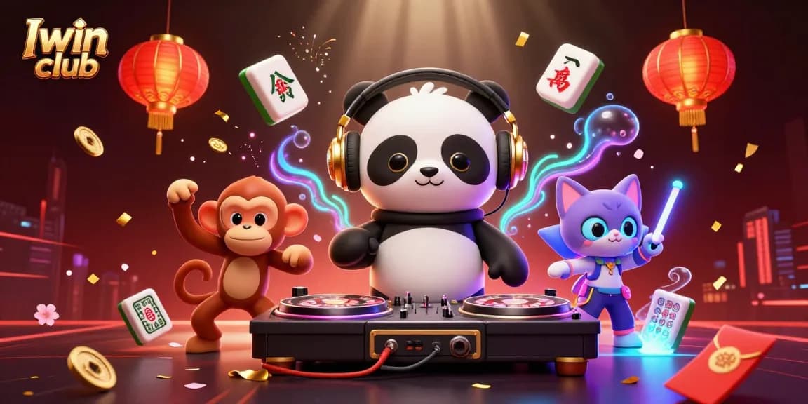 Iwin club theme featuring a DJ panda, dancing monkey, and glow-stick kitten amid vibrant casino elements.