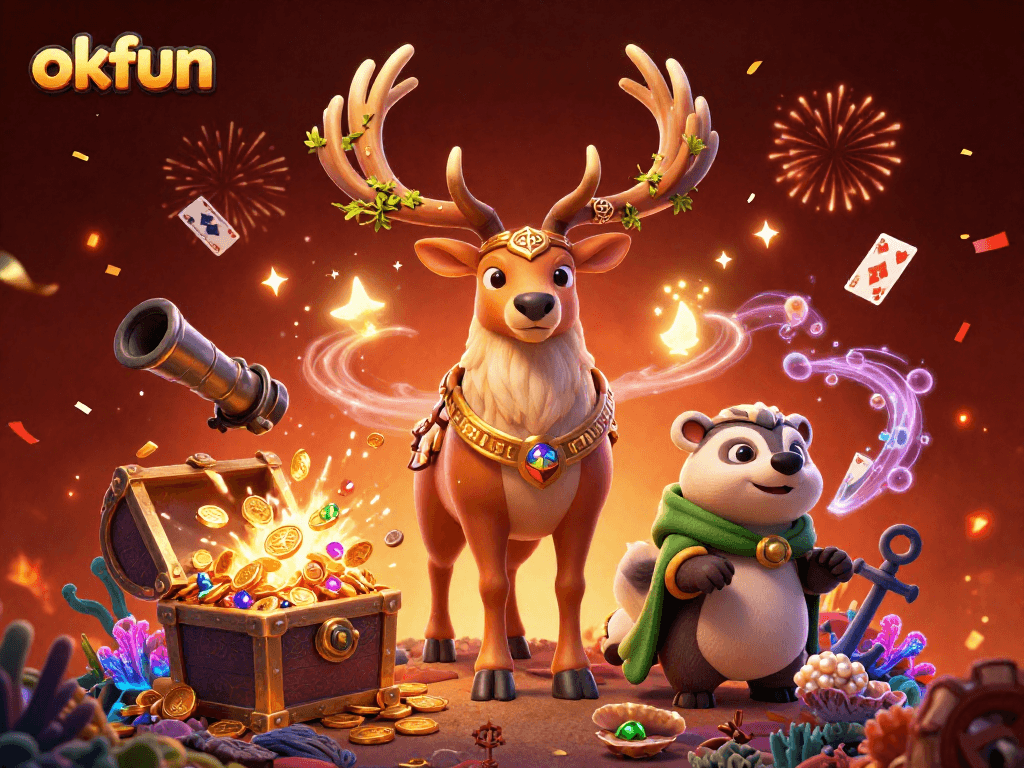 Experience excitement at okfun with a vibrant 3D illustration capturing a Celtic druid and gaming elements.