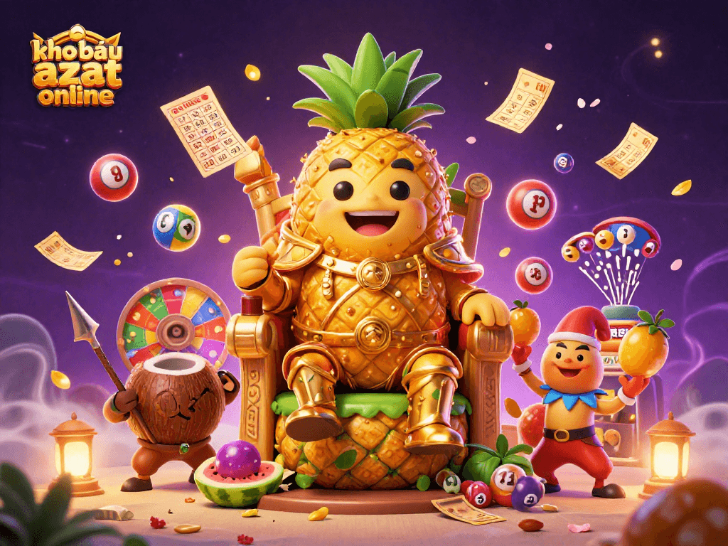 Engage in play with kho báu aztec online featuring the golden pineapple king amidst vibrant casino elements.