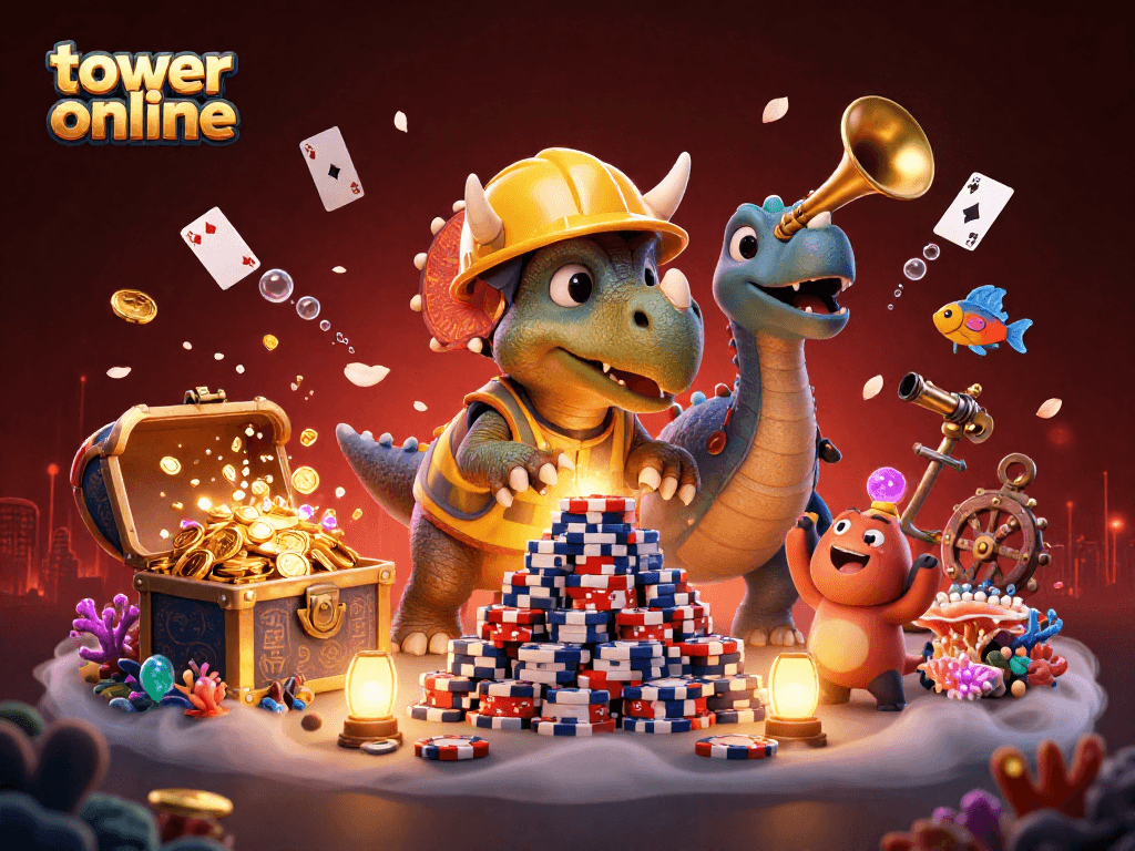 Experience tower online as a whimsical triceratops builds poker chips with vibrant casino elements.