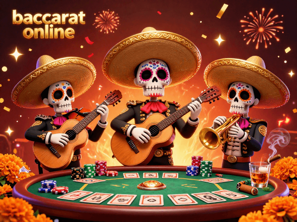 Baccarat online scene with Dia de los Muertos mariachi band celebrating around a lively baccarat table.