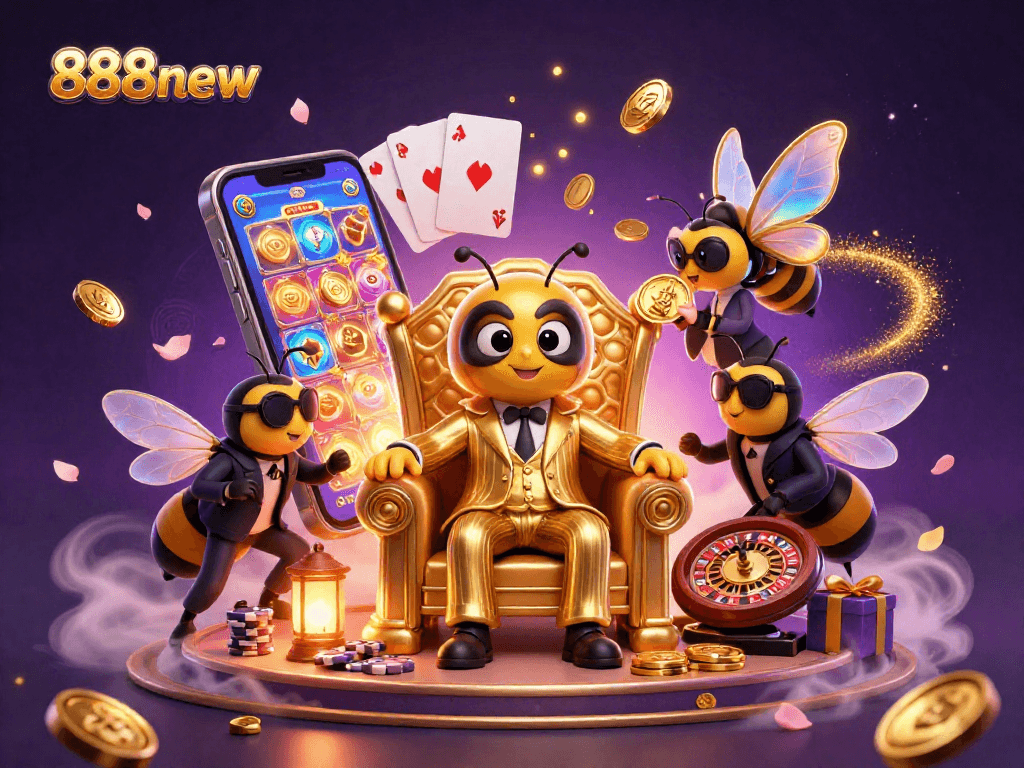 Join the bumblebee mob boss in a vibrant 888new casino scene filled with exciting gaming action.