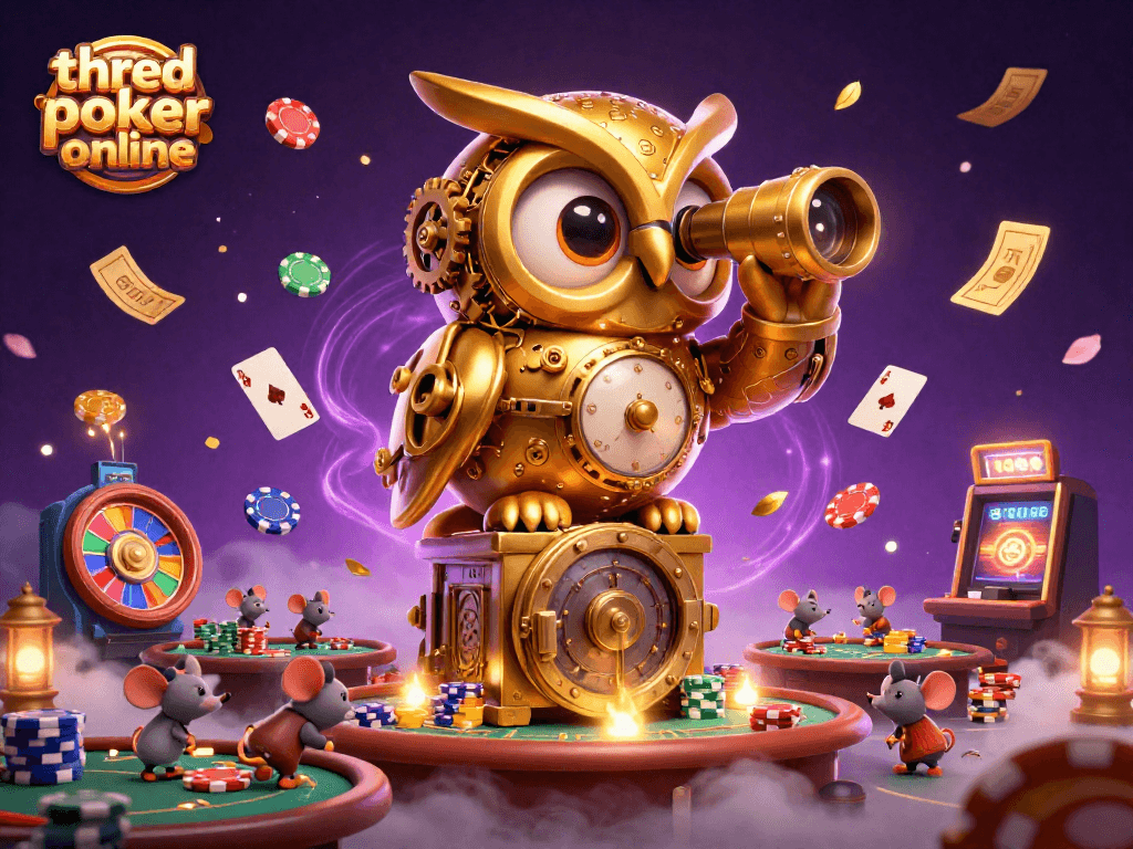 Engage with three card poker online in this vibrant casino scene filled with dynamic poker elements.