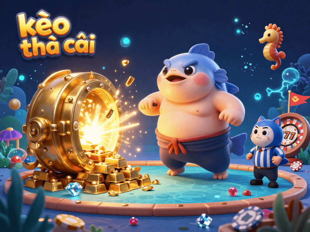 Engage with kèo nhà cái in this vibrant underwater casino scene, featuring thrilling games and glowing treasures.