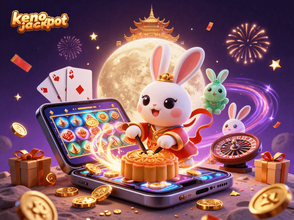 Experience the thrilling keno-jackpot with the moon rabbit and casino elements in vibrant celebration.
