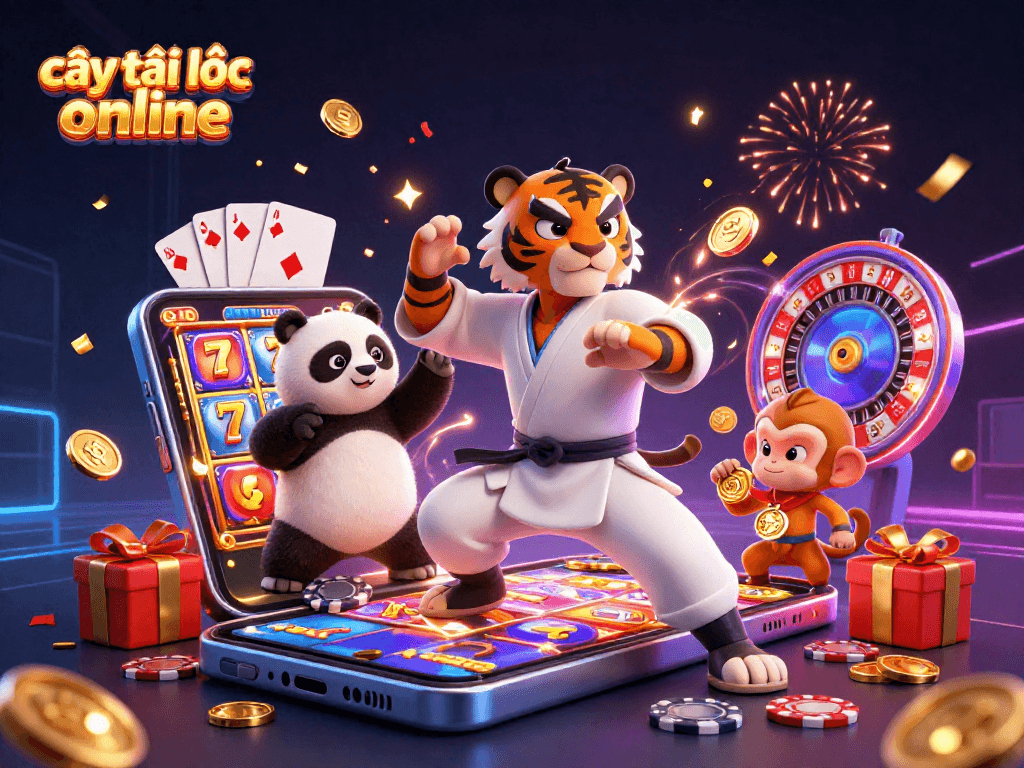 Catching jackpots in cây tài lộc online with a kung fu tiger, panda, and monkey as they celebrate winning spins amidst colorful gaming elements.