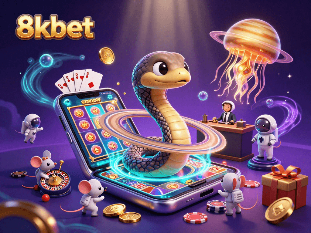 Engage with the vibrant thrills of 8xbet, featuring a cosmic dealer and playful mice betting across a galaxy.
