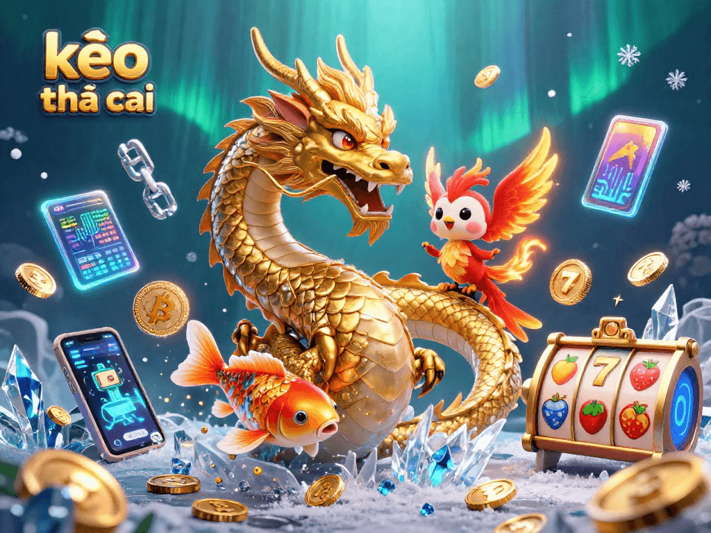 Bet on kèo nhà cái with a powerful 3D scene featuring a golden dragon, phoenix, koi fish, and crypto elements.