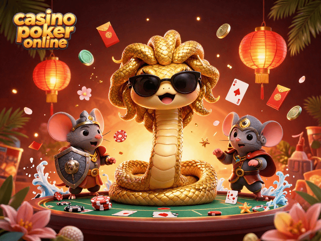 Experience casino poker online excitement with dynamic 3D characters and festive casino elements.