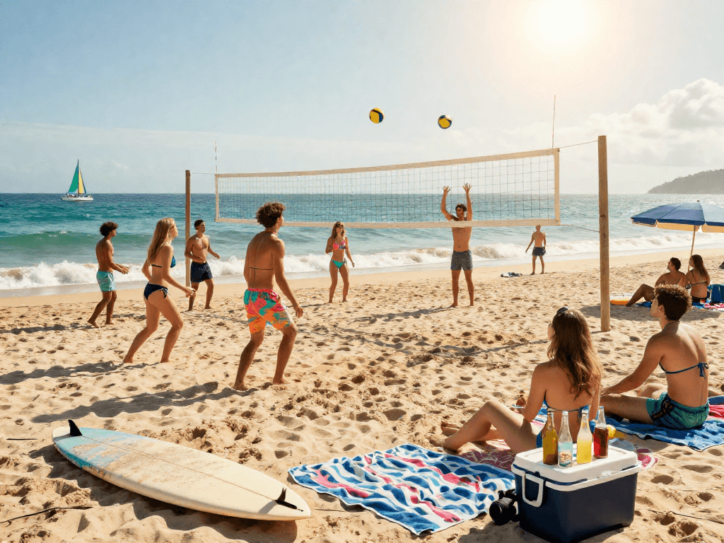 Group of friends enjoying a sunny beach day showcasing stylish BIKINISLOT swimwear.