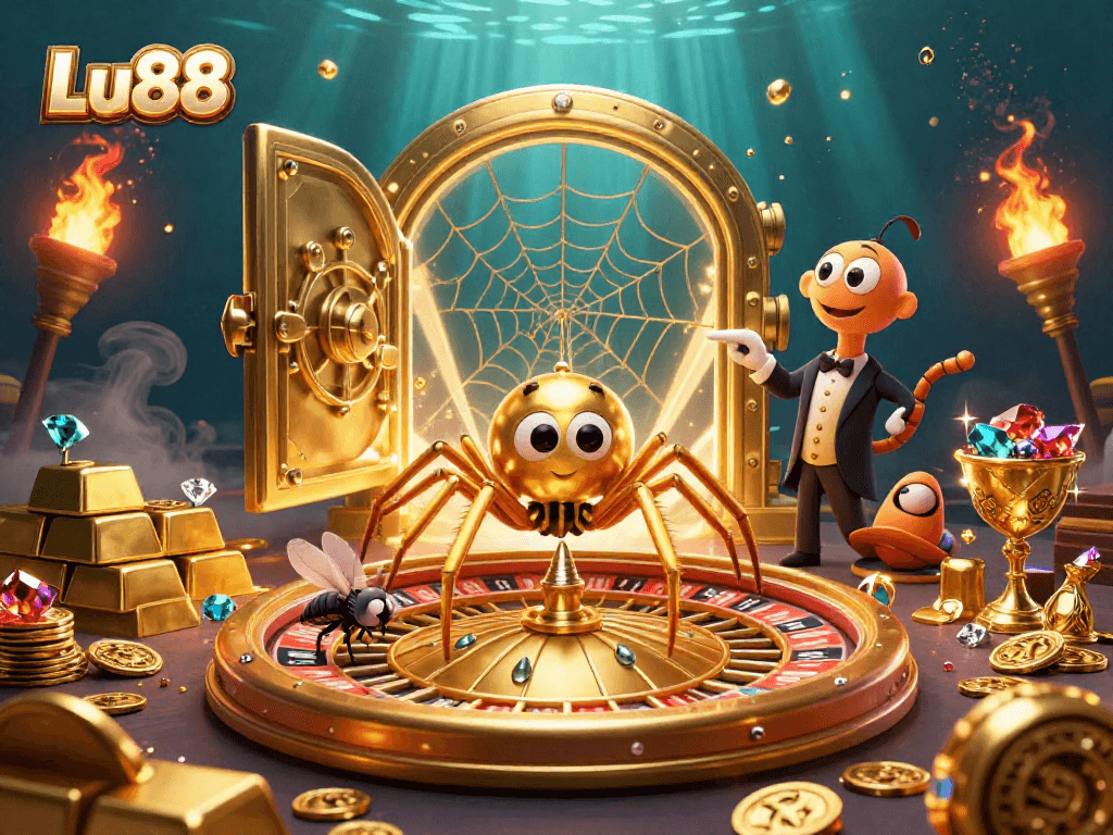 Lu88 showcases a golden spider croupier spinning a roulette wheel web in an engaging casino scene.