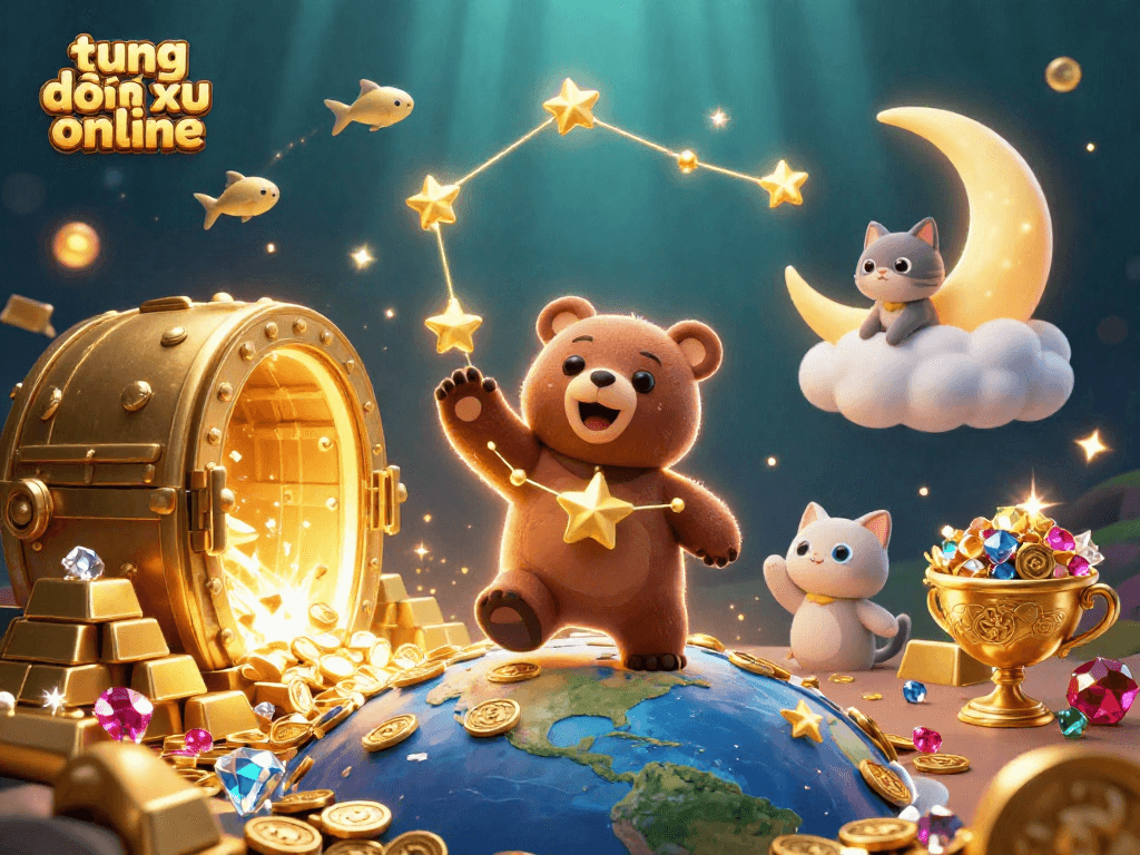 Play the thrilling game of tung đồng xu online with a cosmic bear and treasure bursting from vaults