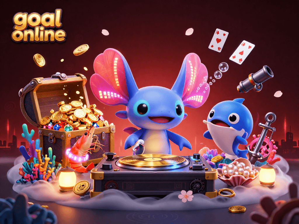 Experience the excitement of goal online with a vibrant scene featuring unique characters and dynamic casino elements.