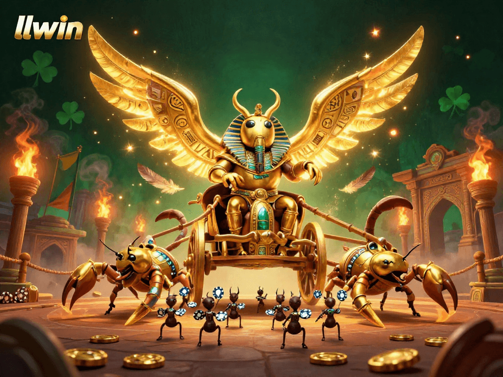 Join the thrilling action at llwin with this vibrant depiction of a colossal beetle and scorpions in a dynamic casino scene.