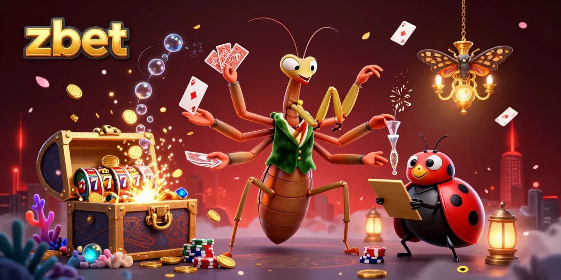 Experience zbet's vibrant casino scene with a giant praying mantis card sharp and a ladybug pit boss, immersing in thrilling games.