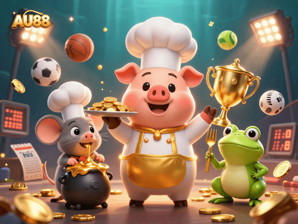 Bet on success with AU88: a lively scene featuring a chef pig serving gold coins.