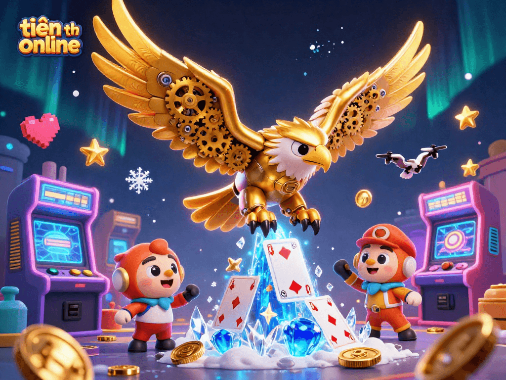 Experience the thrill of tiến lên online as a golden eagle dives through holographic cards.