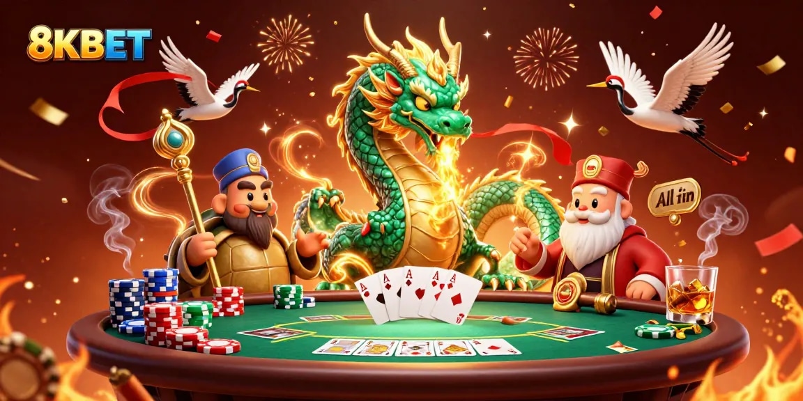 Engage with thrilling gameplay at 8KBET, as a jade dragon breathes fire over a vibrant poker scene.