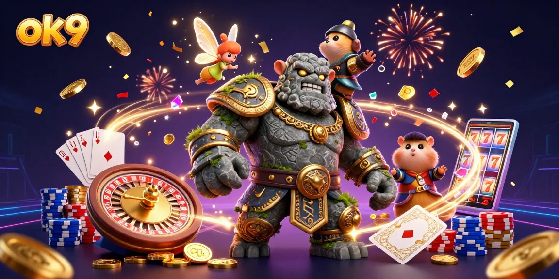 Experience thrilling gaming action at ok9 with vibrant characters amidst a casino atmosphere.