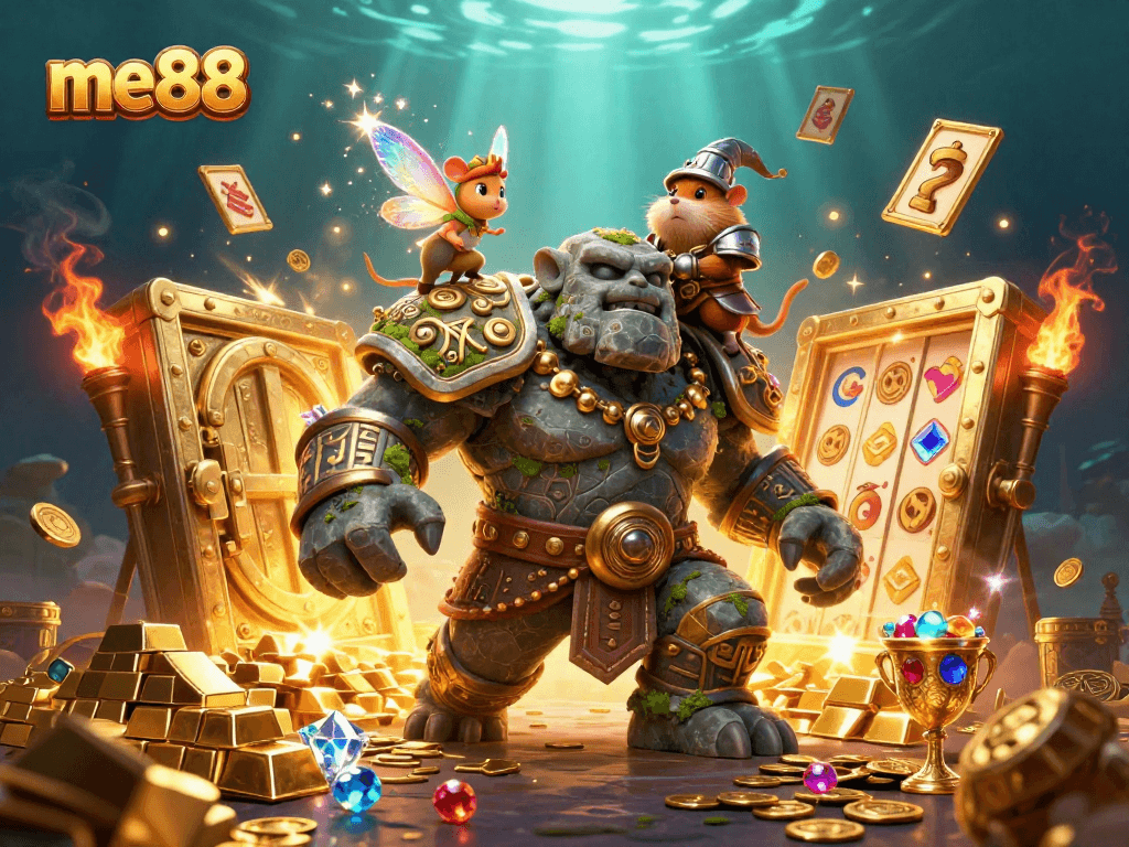 Experience magic and thrills with me88's vibrant casino adventure featuring a golem, fairy, and hamster knight.