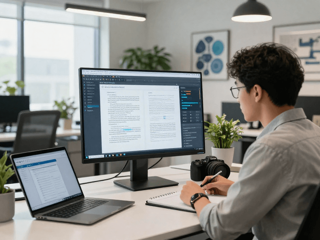 Analyst using advanced software for document fraud detection in a modern office environment.