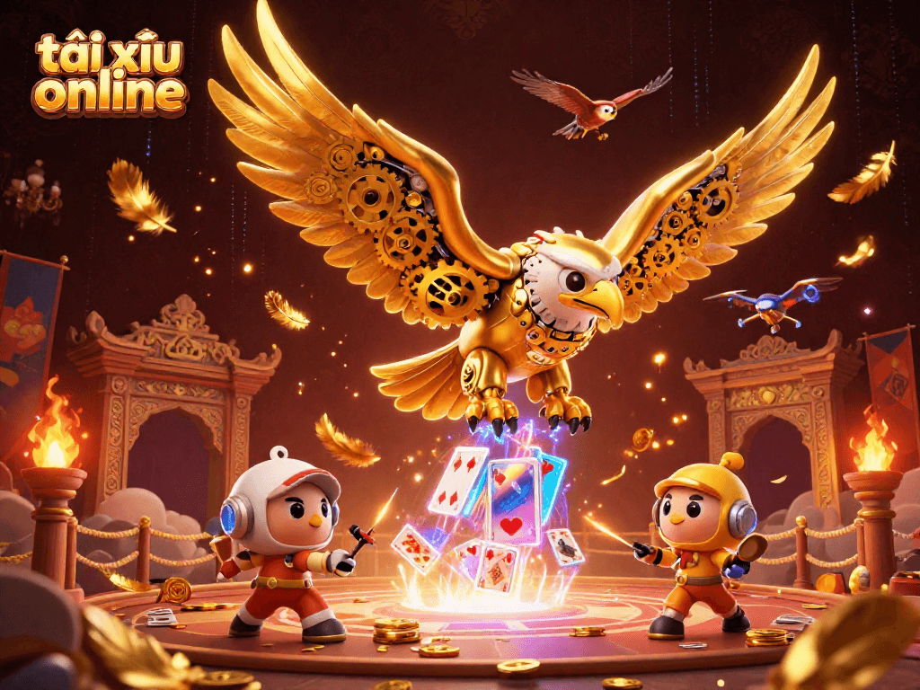 Experience the thrill of tài xỉu online gaming with a dynamic 3D illustration featuring a cybernetic golden eagle amidst flying cards and golden coins.