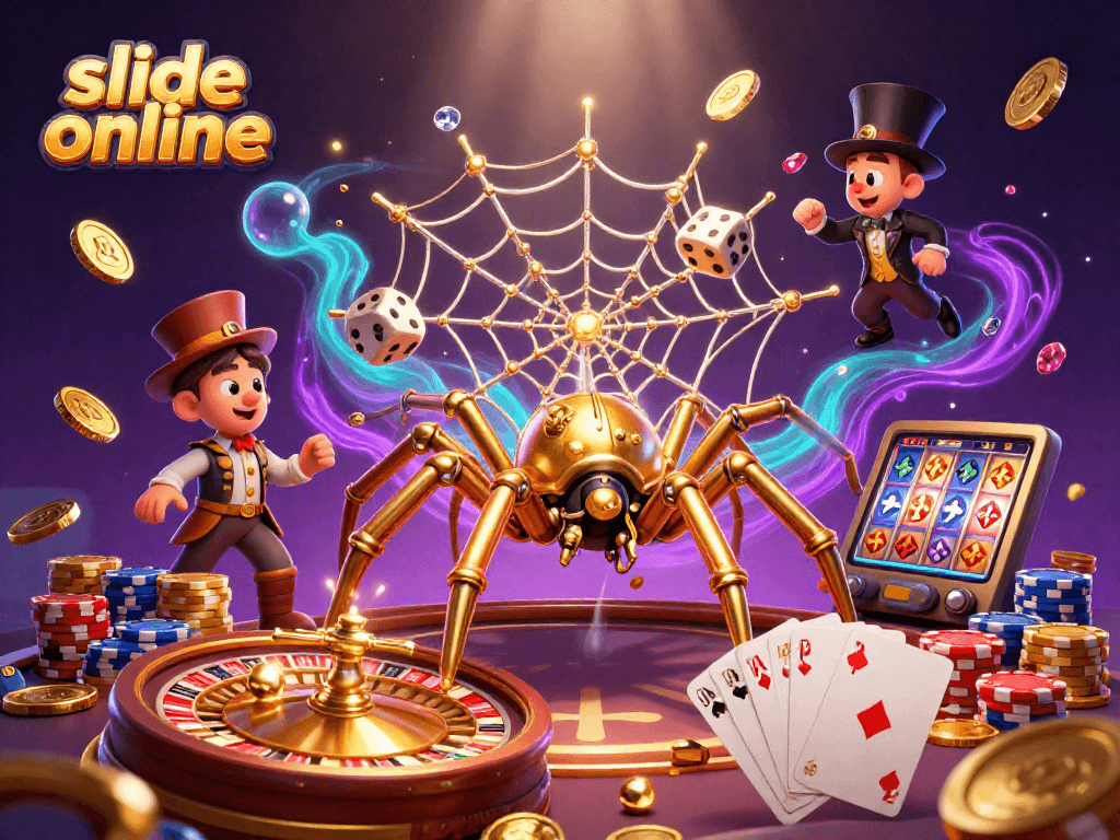 Engage with the exciting mechanics of slide online, featuring a steampunk spider and gaming elements.