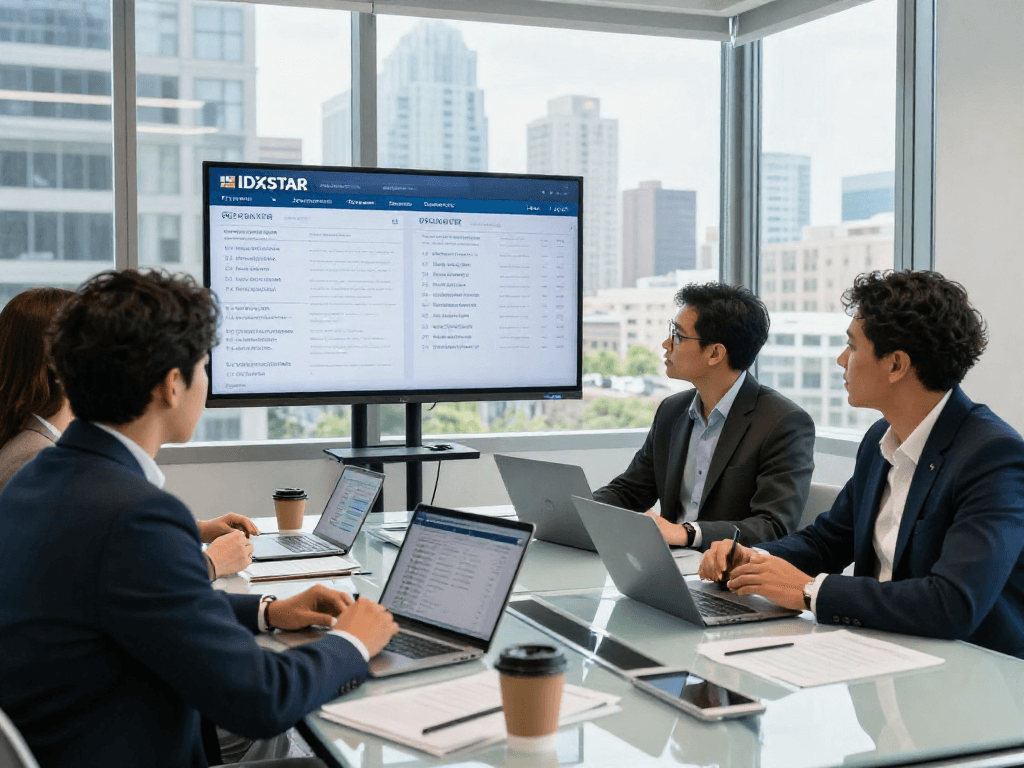 Meeting of real estate professionals discussing IDXSTAR integration in a modern office.