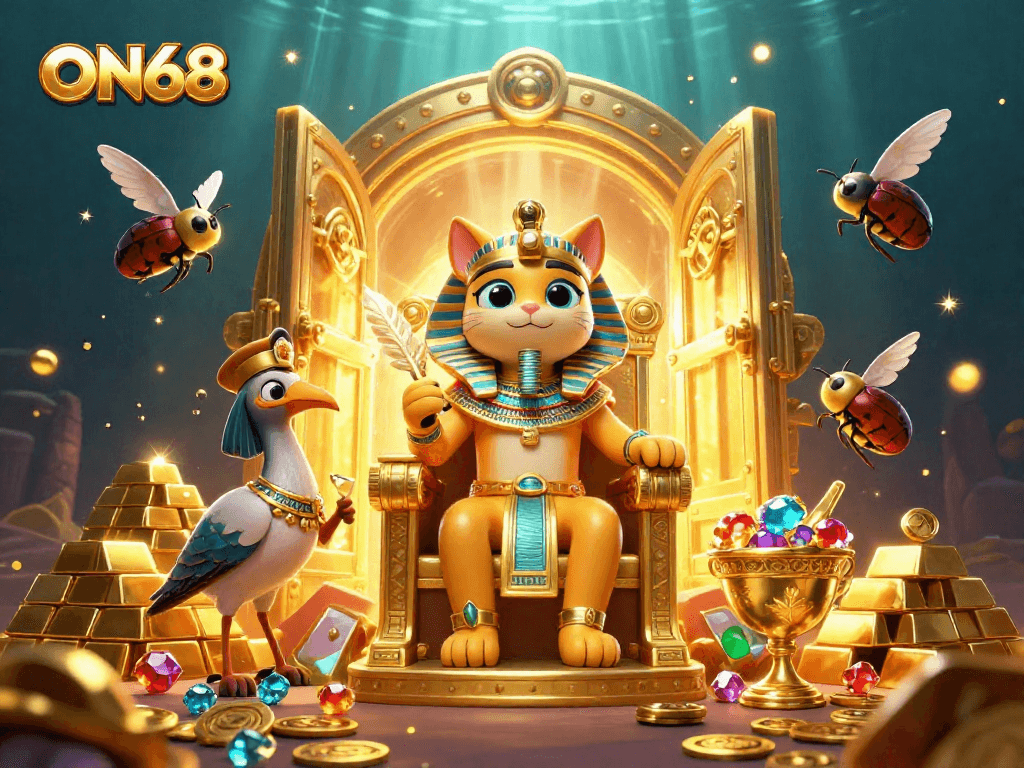 Experience thrilling gameplay with ON68 as pharaoh cat and scribe treasure hunt in a rich casino scene.