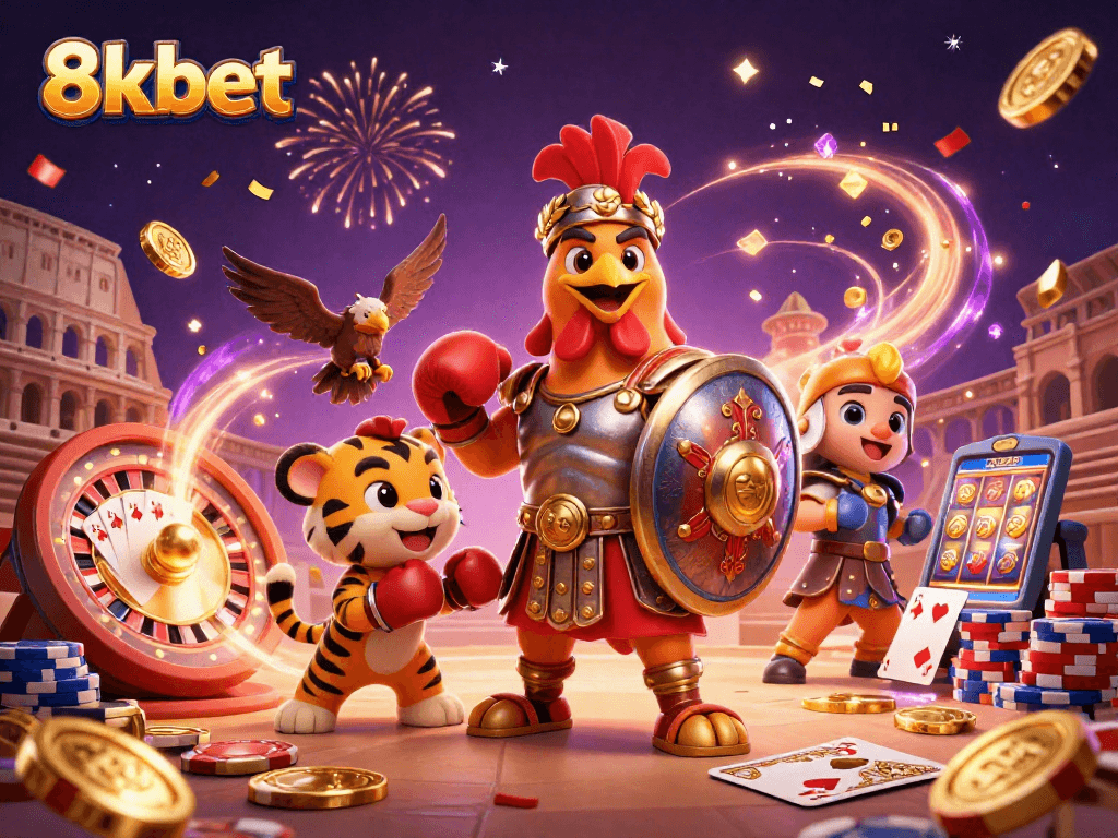 Experience the thrill of 8kbet with a vibrant 3D illustration showcasing epic casino elements.