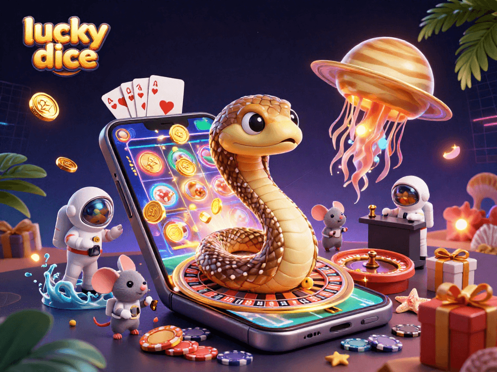 Bet on lucky dice online in a vibrant cosmic casino with engaging characters and dynamic elements.