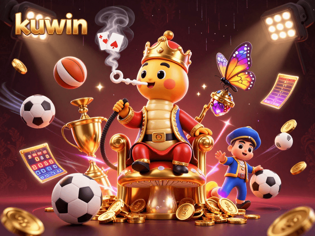 Kuwin presents a captivating scene with a giant caterpillar hookah-master amidst flying sports elements like basketballs and soccer balls.