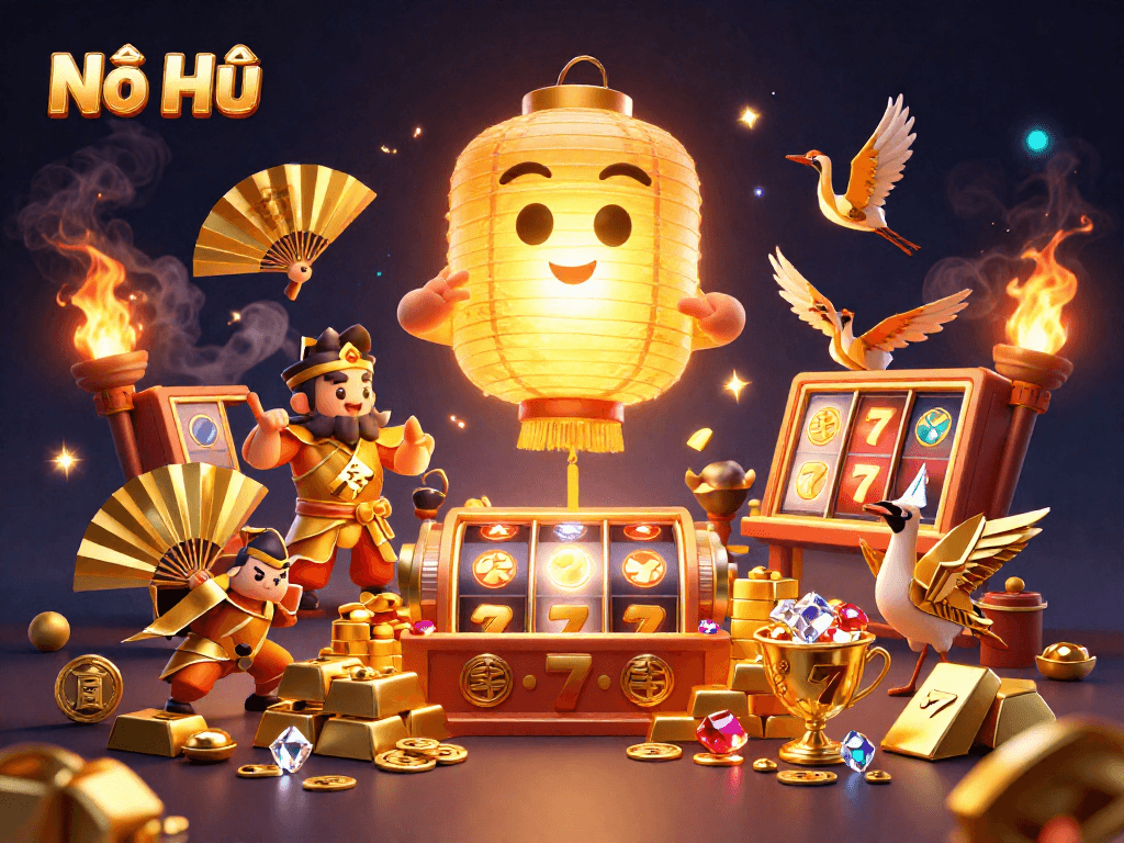 Nổ Hũ offers a thrilling jackpot experience with golden treasures and slot reels in a lively casino scene.