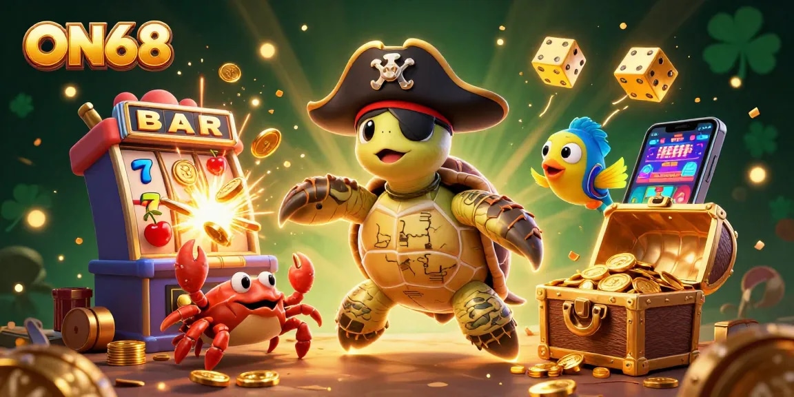 Experience thrilling gaming at ON68 with a vibrant 3D display of characters, slots, and casino elements.
