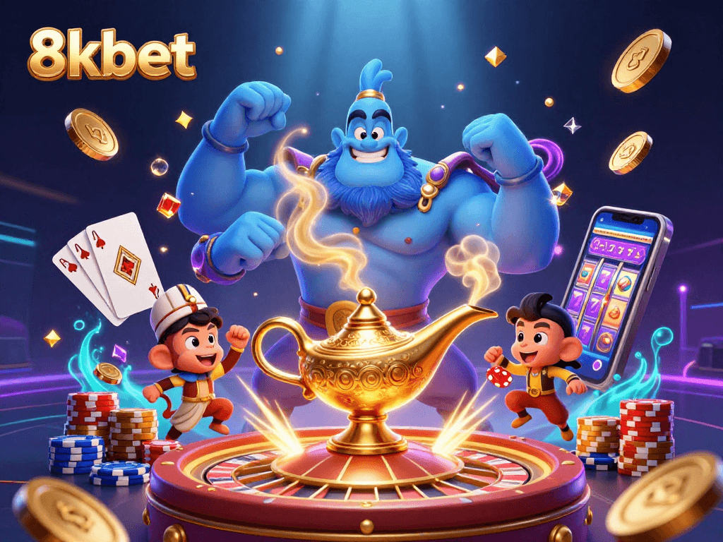 Experience the thrill of 8kbet with this vibrant 3D casino-themed illustration showcasing magical gameplay.
