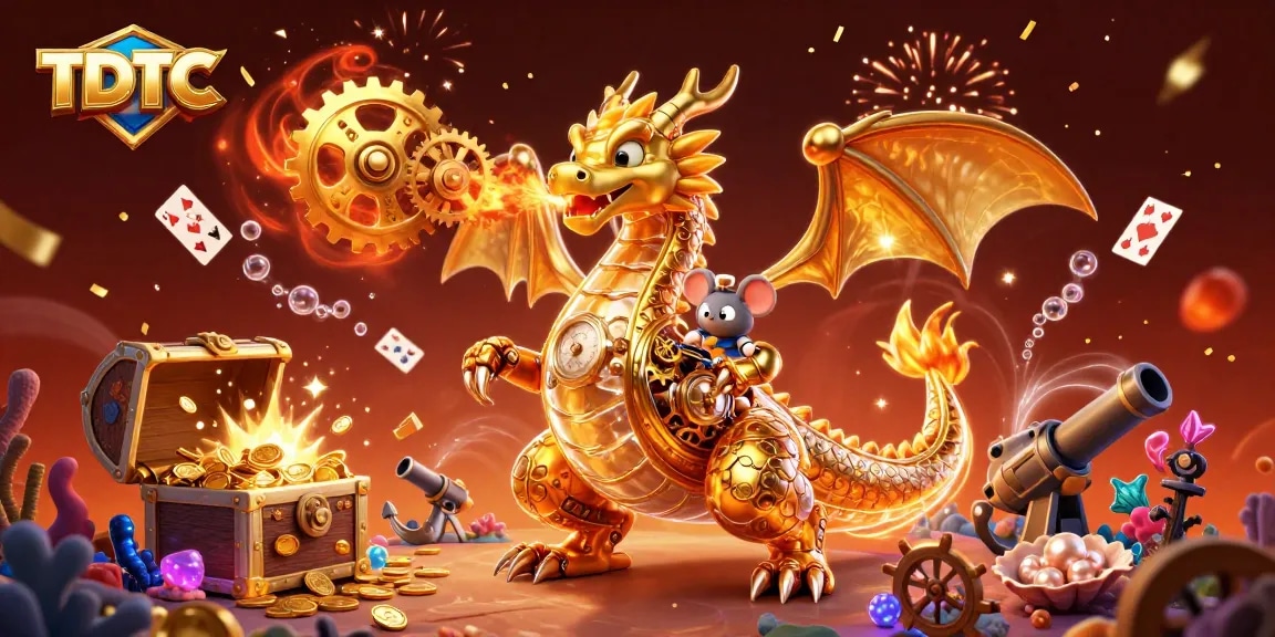 Engage with TDTC's thrilling gaming world featuring a mechanical dragon and underwater treasures.