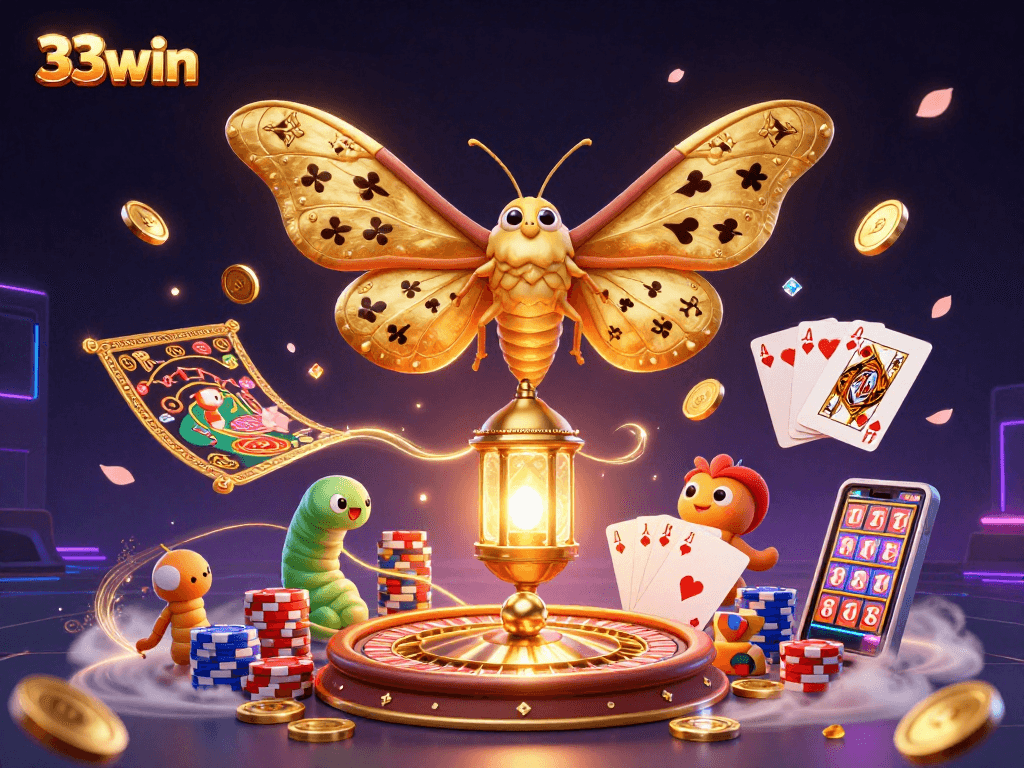 Experience excitement at 33win with a vibrant casino scene filled with gold coins and games.