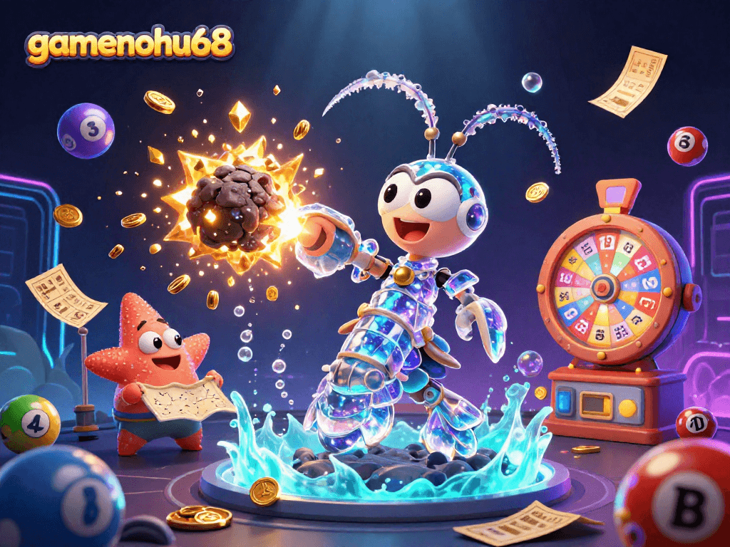 Engage gamenohu68 in an exciting 3D casino scene full of gems and lottery elements