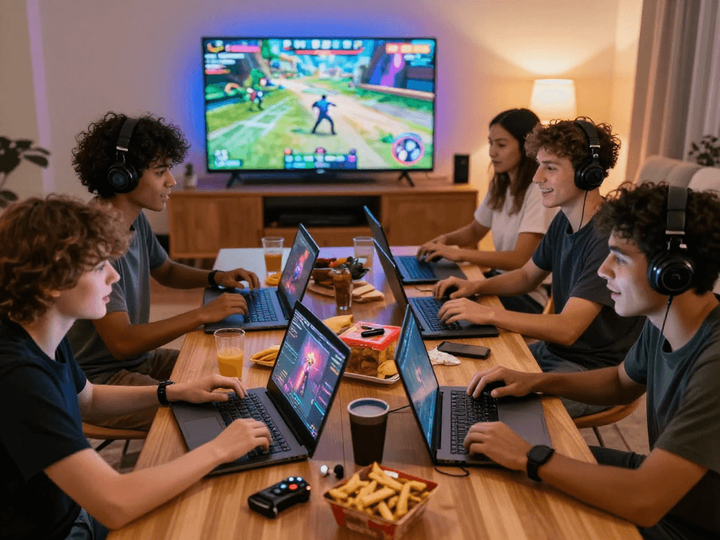 Engaged friends playing porn games online in a cozy living room.