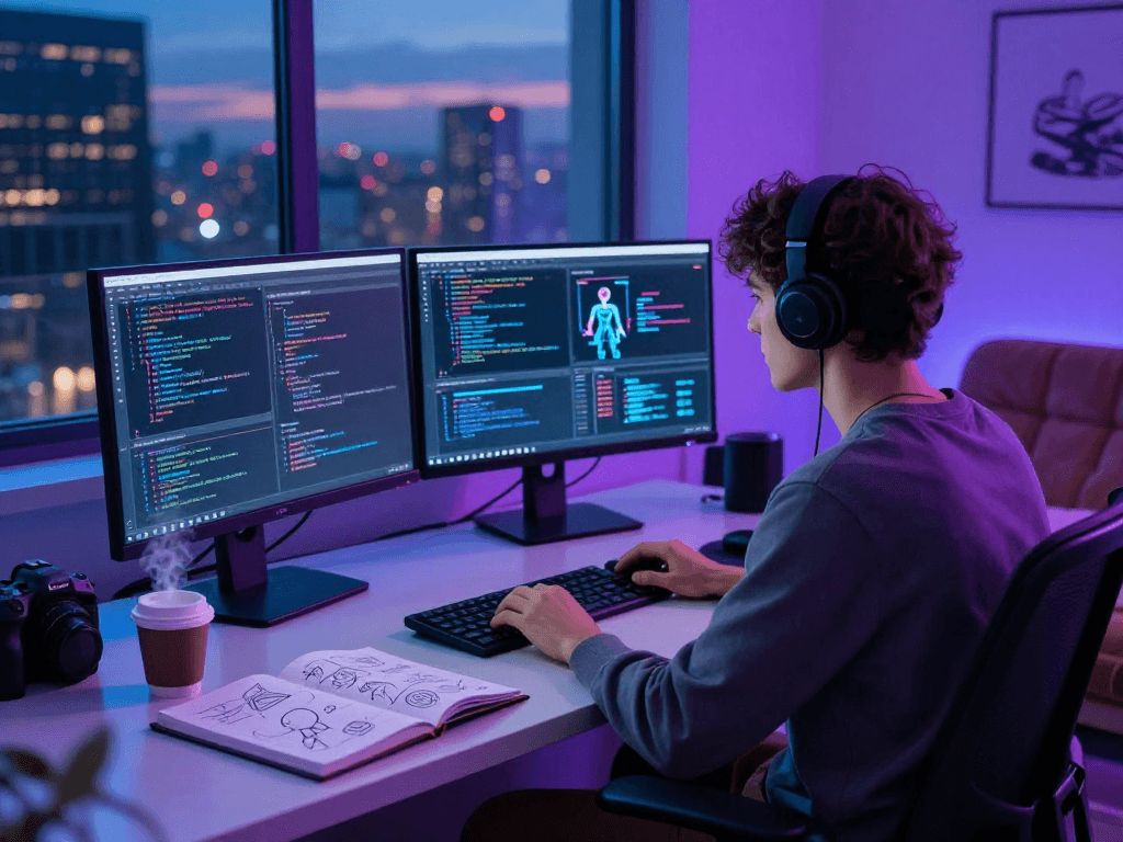 Exploring nsfw ai development in a modern workspace with dual monitors, notes, and a city skyline.