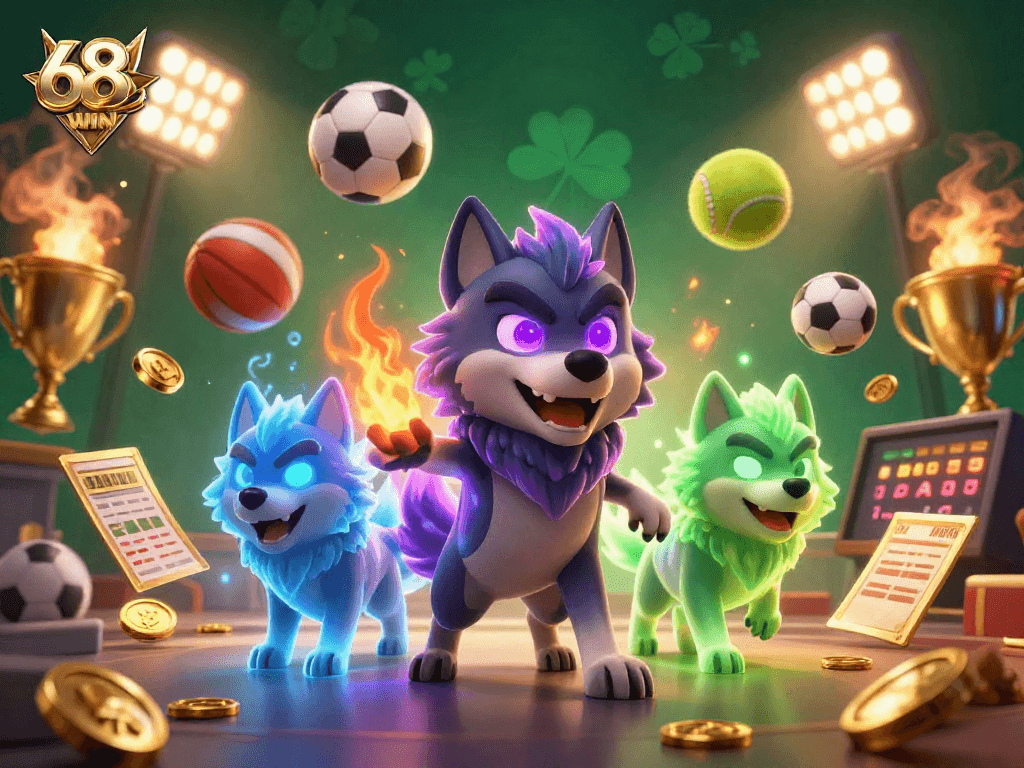 Experience thrilling action at 68WIN with dynamic 3D illustrations of sports betting and casino elements.