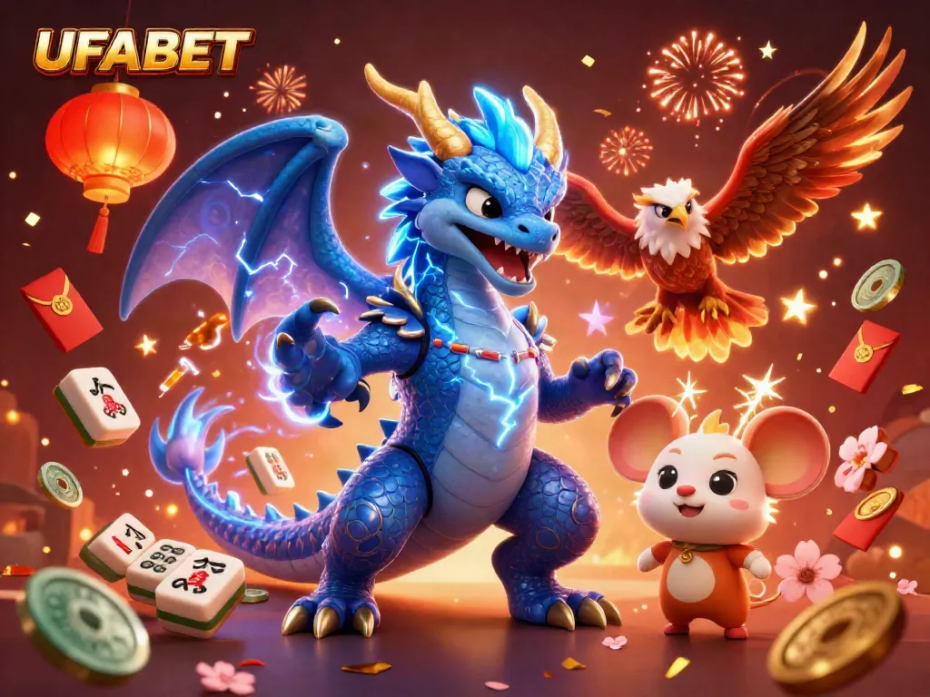 Experience the thrill of UFABET with dynamic characters and rich casino elements in vibrant digital art.