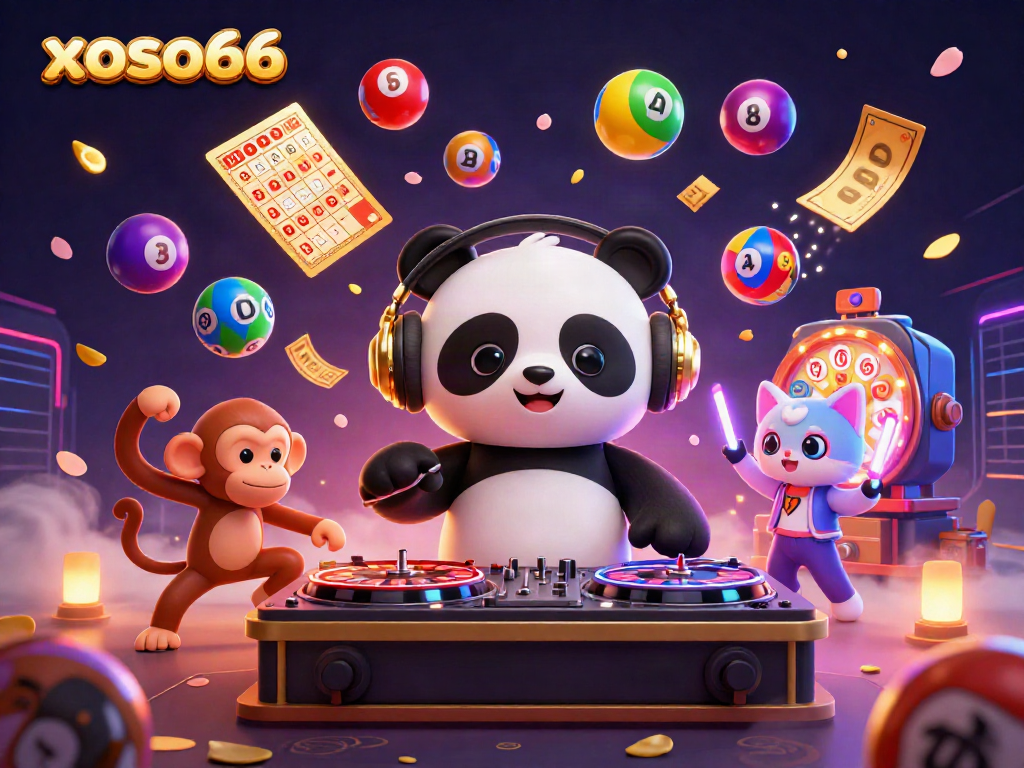 Experience the thrill of gaming with xoso66 featuring a lively DJ panda and dancing characters.