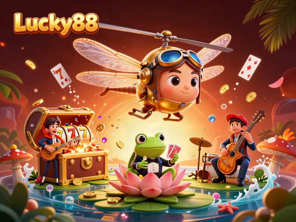 Engage in exciting games at Lucky88 with vibrant casino imagery of slot reels and animated characters.