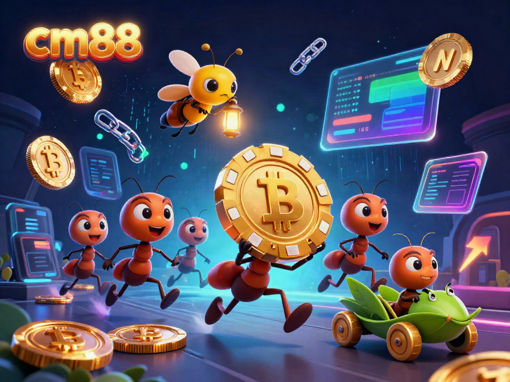 Engage with cm88 by following a heist-themed adventure illustrated by animated ants, showcasing thrilling gambling elements.