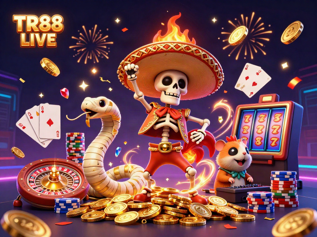 Experience TR88 LIVE with a vibrant 3D casino scene featuring lively characters and golden gambling elements.