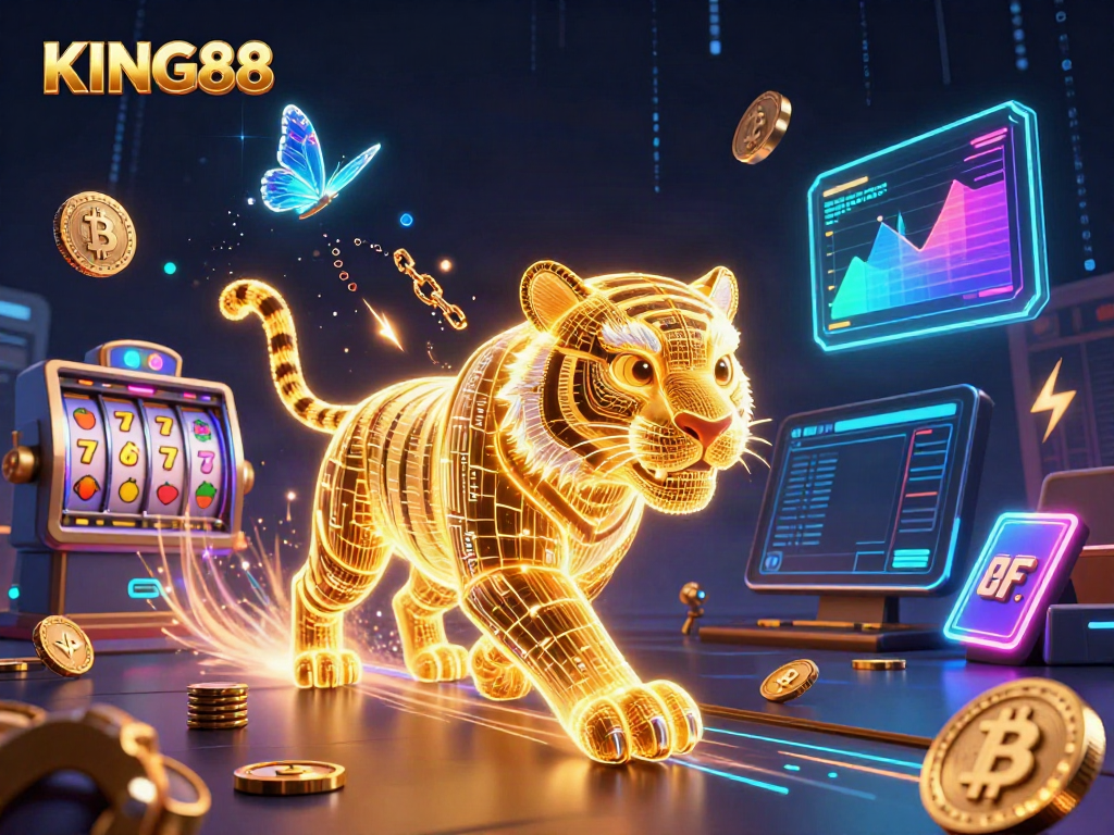 Experience the thrilling KING88 casino adventure with a neon-wireframe golden tiger and digital elements.